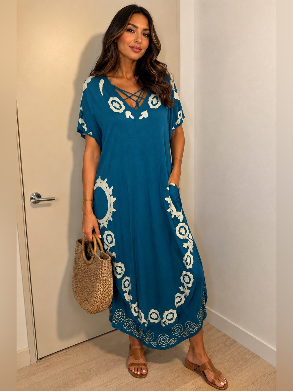 Free People Teal Maxi Dress with Cream Floral Embroidery